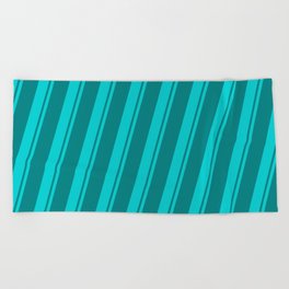 [ Thumbnail: Dark Turquoise & Teal Colored Striped/Lined Pattern Beach Towel ]