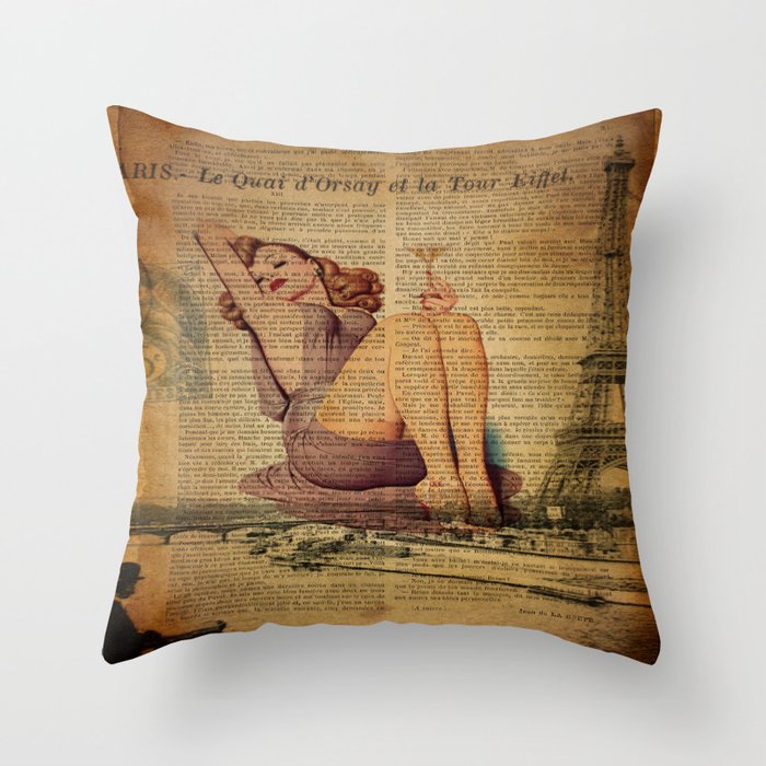 vintage newspaper print paris eiffel tower pin up girl Throw Pillow