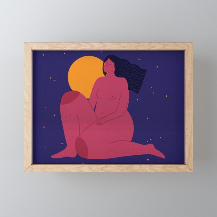 moonlight Framed Mini Art Print | Drawing, Digital, Woman, Nighttime, Night, Evening, Moon, Moonlight, Moonlit, Body-positivity