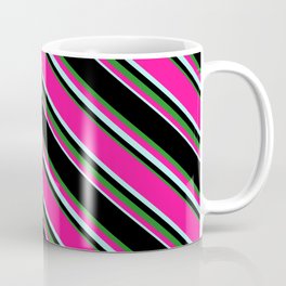 [ Thumbnail: Black, Forest Green, Deep Pink & Turquoise Colored Lined Pattern Coffee Mug ]