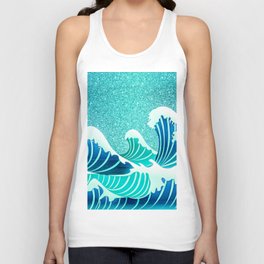 Abstract White Navy Blue Teal Glitter Japanese Waves Unisex Tank Top