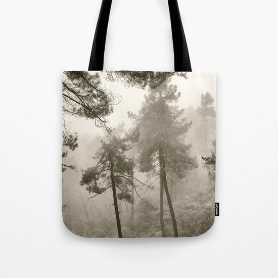 "Into the woods". Mono. Wandering into the fog. Tote Bag