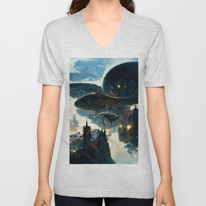 Postcards from the Future - Alien Metropolis V Neck T Shirt
