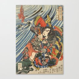 Samurai With Tattoos Defeating Enemy Near River - Antique Japanese Ukiyo-e Woodblock Print Art From The Early 1800's. Canvas Print