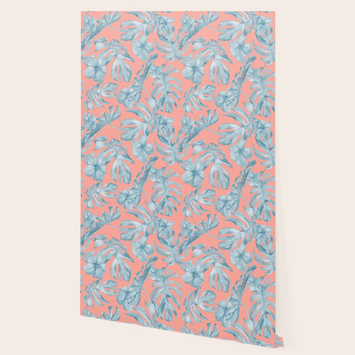 Island Life Pale Teal Blue on Coral Pink Wallpaper by ...