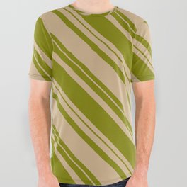 [ Thumbnail: Tan & Green Colored Striped/Lined Pattern All Over Graphic Tee ]
