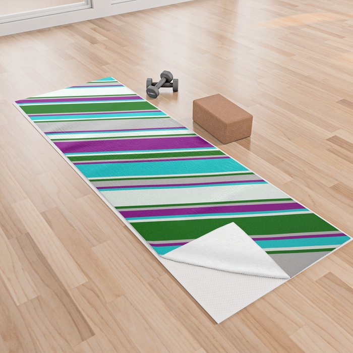 Colorful Grey, Purple, Dark Turquoise, Mint Cream & Dark Green Colored Pattern of Stripes Yoga Towel