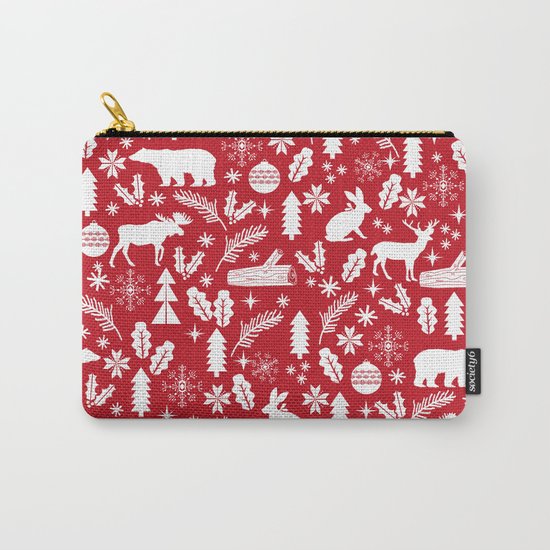 Festive Christmas woodland reindeer moose bear camping red and white minimal pattern for holidays Carry-All Pouch