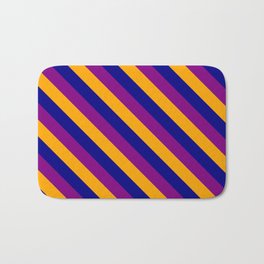 [ Thumbnail: Orange, Blue & Purple Colored Stripes/Lines Pattern Bath Mat ]