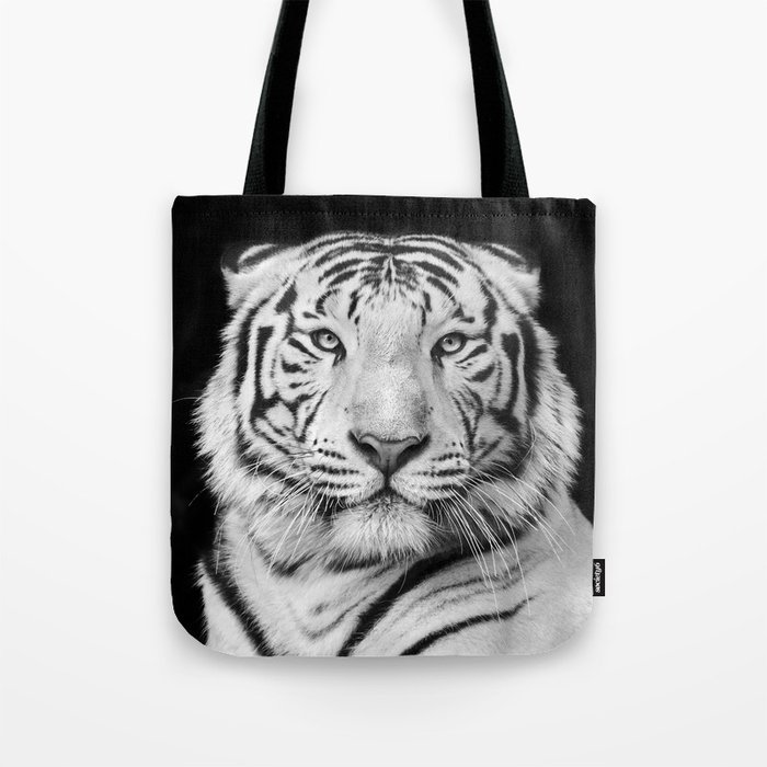 Black and white macro face portrait of white bengal tiger Tote Bag