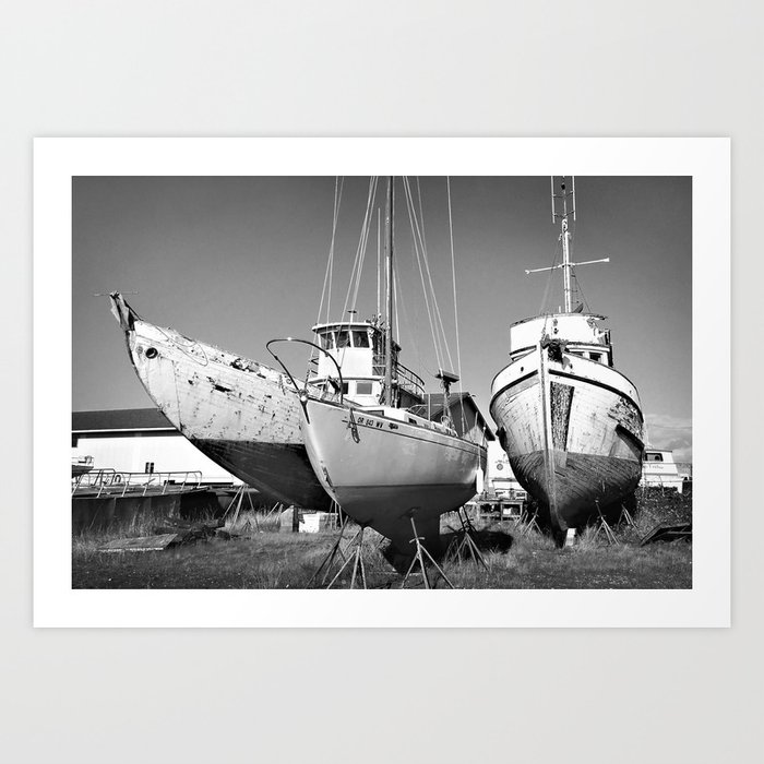 Boats Shipyard Fishing Commercial Astoria Englund Marine Wooden Boat Oregon  Pacific Northwest Black and White Art Print