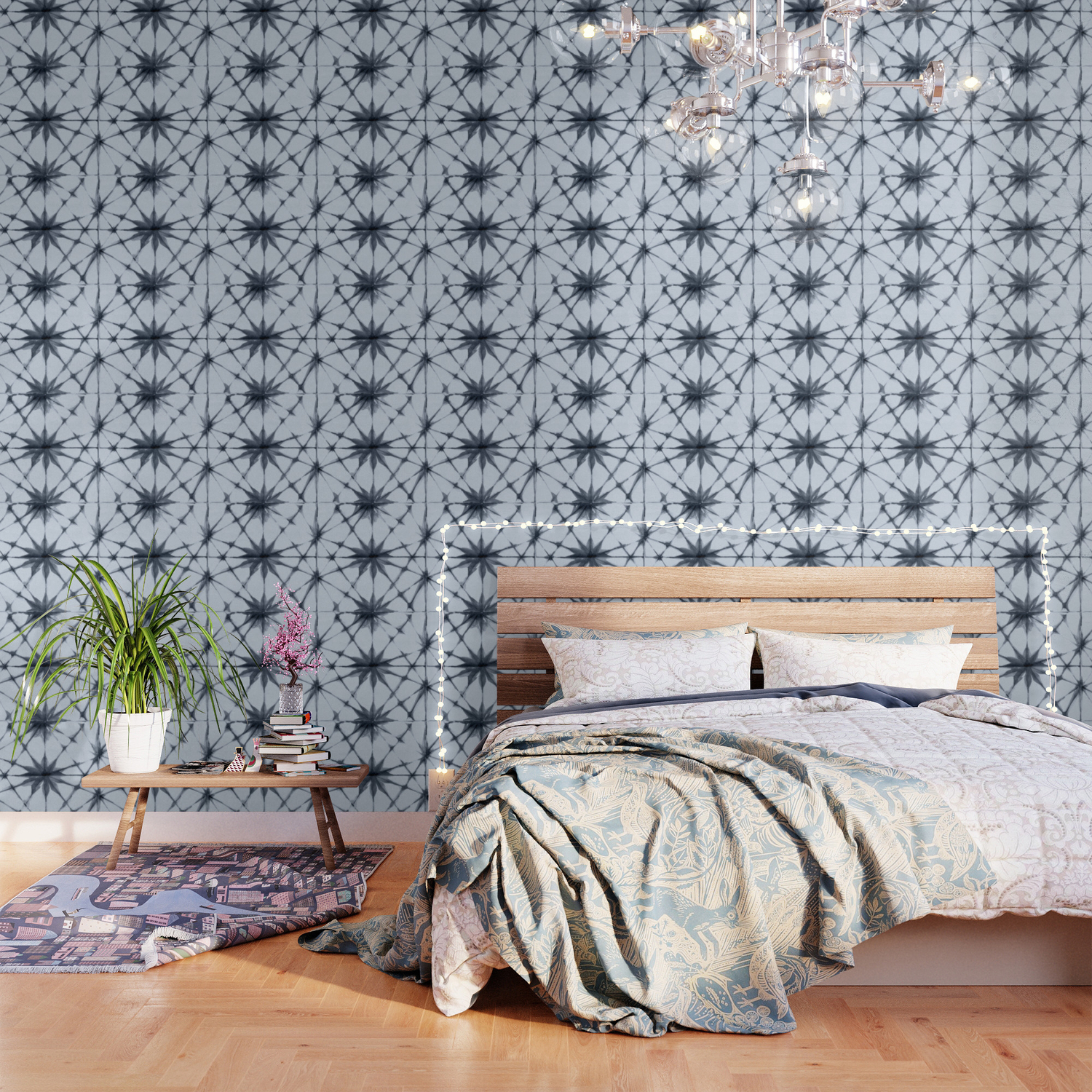 Shibori Starburst Indigo Blue On Sky Blue Wallpaper By