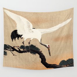 Crane Bird Branch Traditional Japanese Wildlife Wall Tapestry