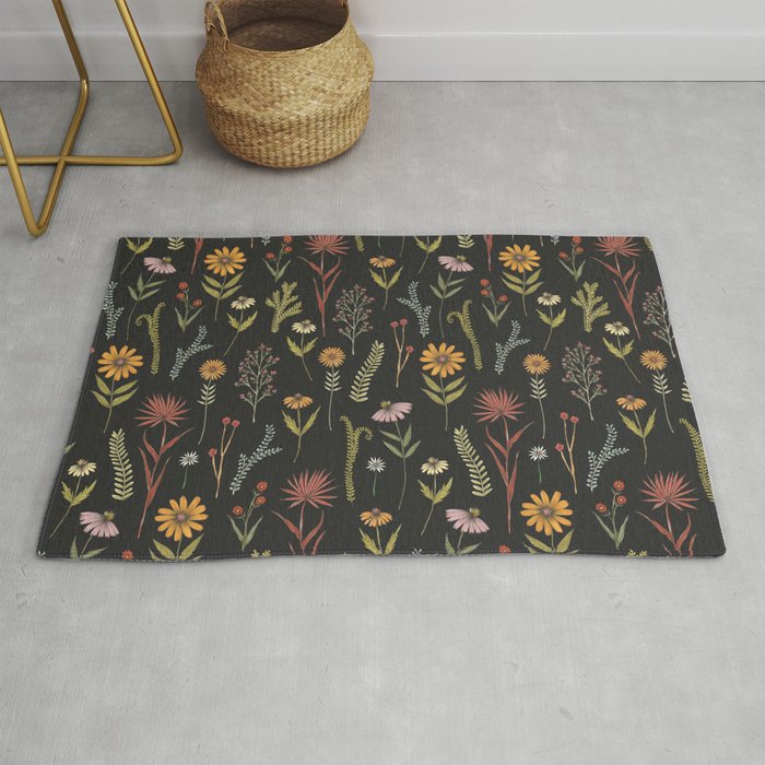 flat lay floral pattern on a dark background Rug