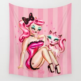 Smitten Kitten Pinup Doll Wall Tapestry | Pinup, Valentine, Pink, Girly, Cats, Vintage, Glamourgirl, Drawing, Retro, Valentines 