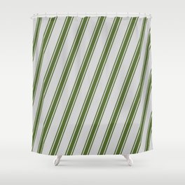 [ Thumbnail: Light Gray & Dark Olive Green Colored Pattern of Stripes Shower Curtain ]
