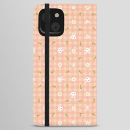 Bunnies, carrots & daisies (Peachy Gingham) iPhone Wallet Case