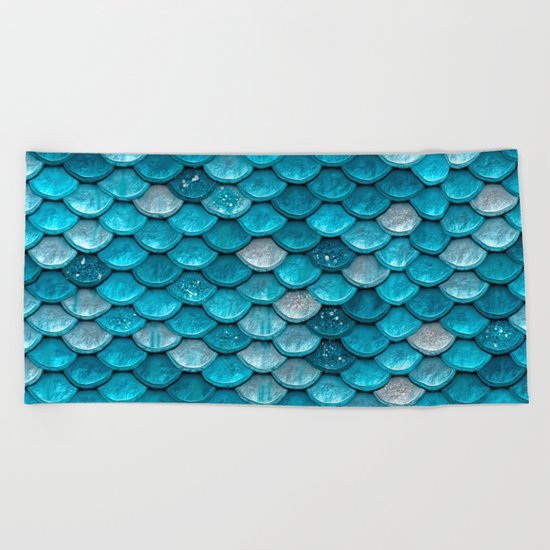 Luxury turquoise mermaid sparkling glitter scales- Mermaidscales Beach Towel