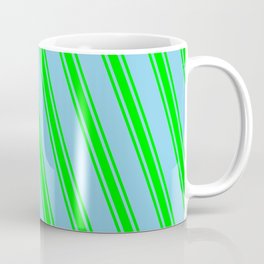 [ Thumbnail: Sky Blue & Lime Colored Lines/Stripes Pattern Coffee Mug ]
