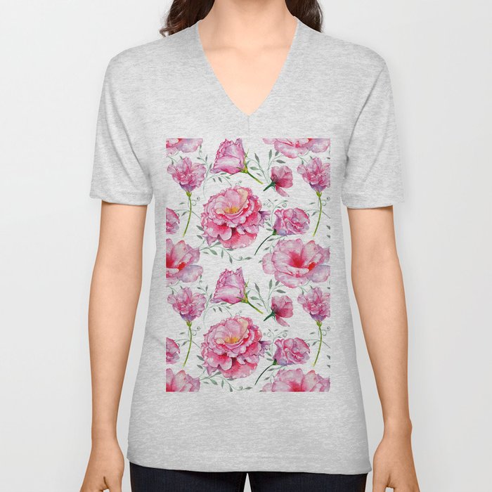 Blush pink green hand painted watercolor roses floral V Neck T Shirt