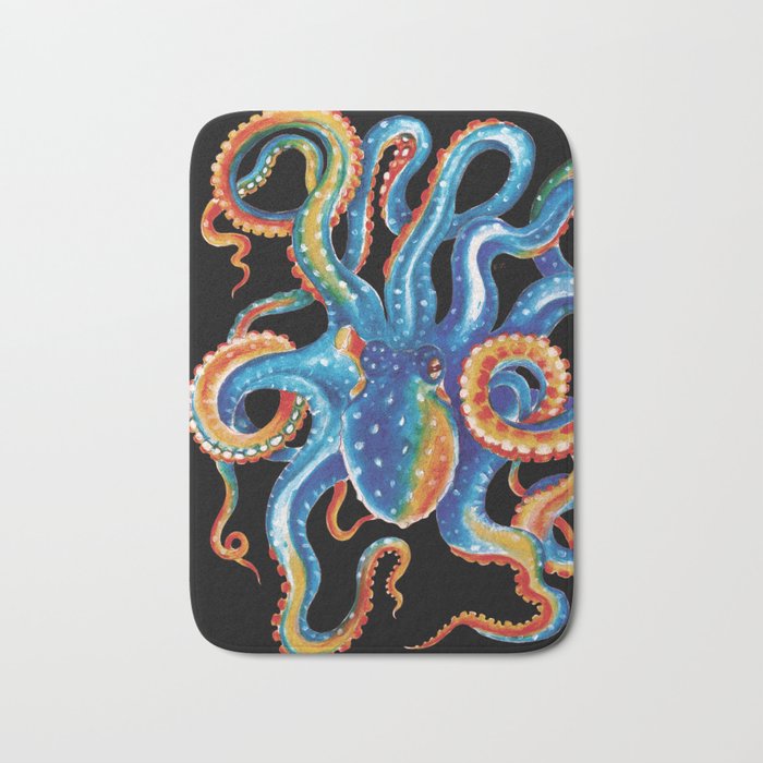 Octopus Colorful Tentacles On Black Bath Mat