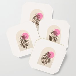 Window Arch | 03 - Palm Leaf Print Retro Sun And Ocean Olive And Pink Coaster