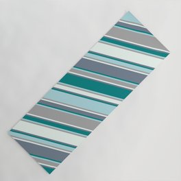 [ Thumbnail: Slate Gray, Teal, Powder Blue, Dark Grey, and Mint Cream Colored Lines/Stripes Pattern Yoga Mat ]