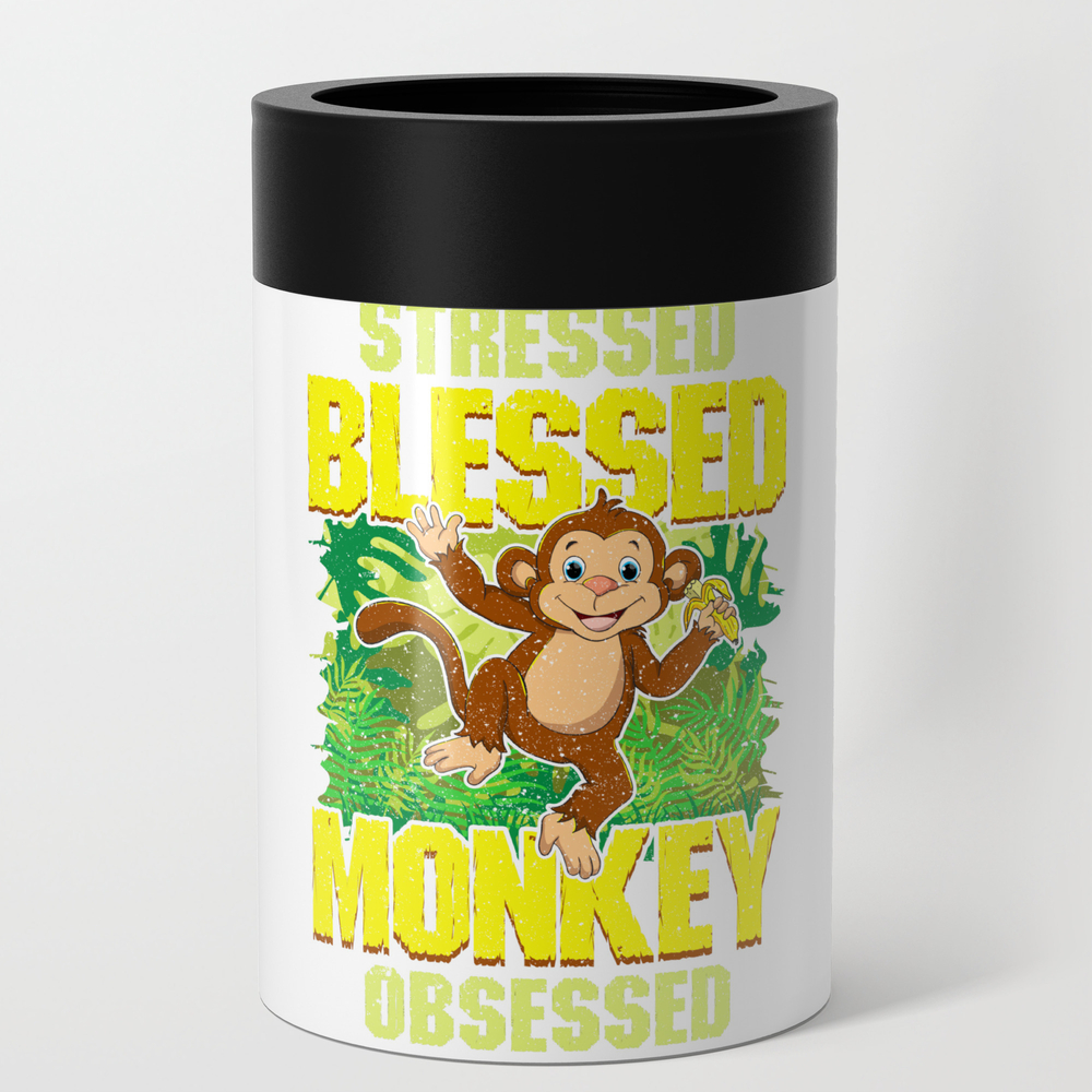 Cute & Funny Cute Stressed Blessed Monkey Obsessed Can Cooler by theperfectpresents