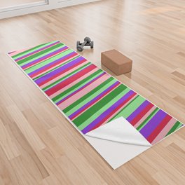 [ Thumbnail: Eye-catching Light Pink, Crimson, Purple, Light Green, and Forest Green Colored Stripes Pattern Yoga Towel ]