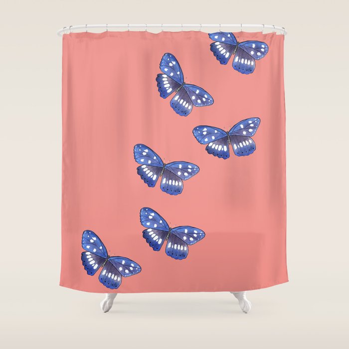 Blue Butterflies With Coral Pink Background Shower Curtain By