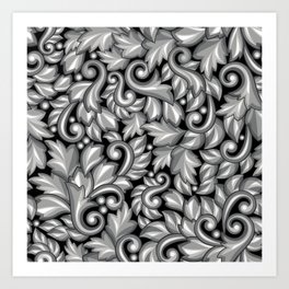 Seamless Pattern with Baroque Ornamental Floral Silver Elements Art Print