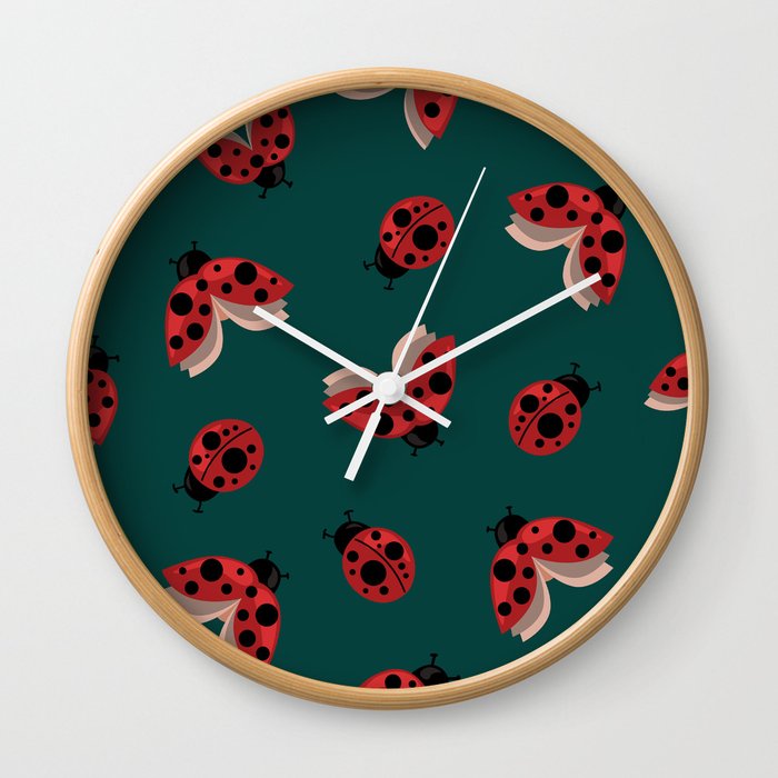 Seamless pattern with the image of flying and crawling ladybugs on a green background for printing on fabric and other surfaces Wall Clock