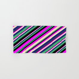 [ Thumbnail: Eyecatching Fuchsia, Bisque, Midnight Blue, Sea Green & Black Colored Lines/Stripes Pattern Hand & Bath Towel ]