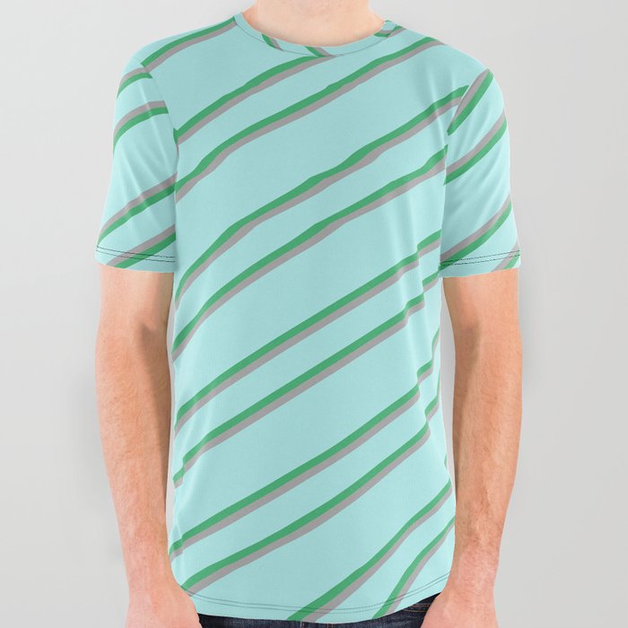 Turquoise, Sea Green, and Dark Grey Colored Striped Pattern All Over Graphic Tee
