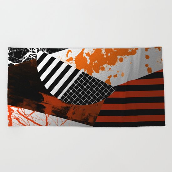 Metallic Pieces - Rustic, Abstract, metallic, textured black, white and gold artwork Beach Towel
