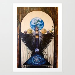 Between the Worlds / Earth Moon Planets Stars Wings Bird Black Feather Crystal Consciousness Power Art Print