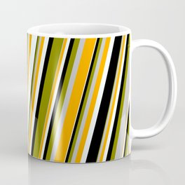 [ Thumbnail: Vibrant Green, Grey, Orange, Mint Cream, and Black Colored Lined/Striped Pattern Coffee Mug ]