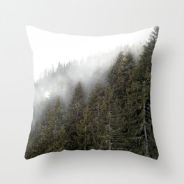 Pine tree tops treeline | Alps mountainside foggy background Throw Pillow