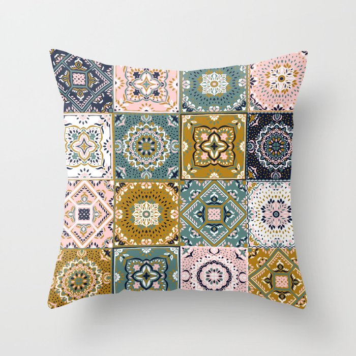 Mediterranean Blush, Saffron & Sage Decorative Tile Print Throw Pillow
