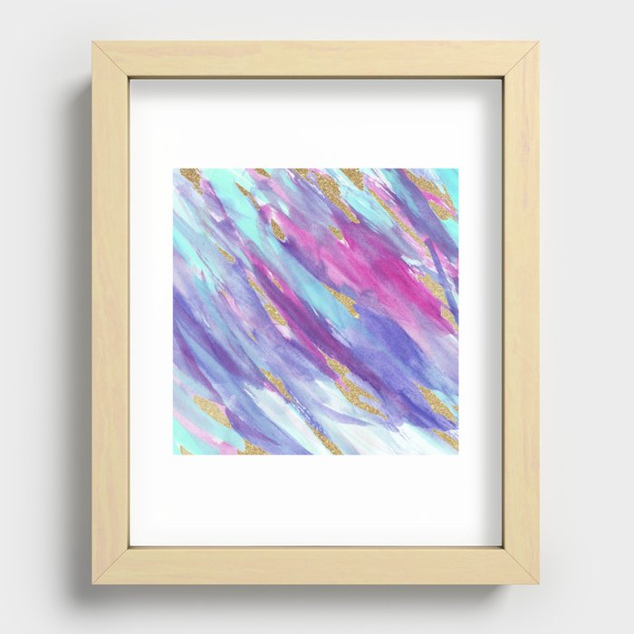 Pink purple lavender teal gold glitter watercolor paint brushstrokes Recessed Framed Print