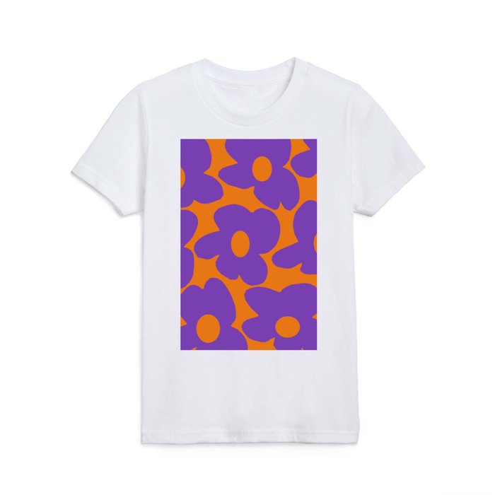 Large Bright Purple Retro Flowers Warm Orange Background #decor #society6 #buyart Kids T Shirt