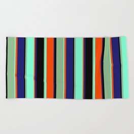 [ Thumbnail: Vibrant Black, Dark Sea Green, Aquamarine, Red, and Midnight Blue Colored Pattern of Stripes Beach Towel ]
