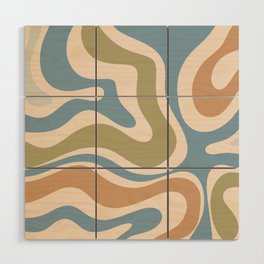 Modern Retro Liquid Swirl Abstract Pattern Square in Muted Light Blue Green Buff Wood Wall Art