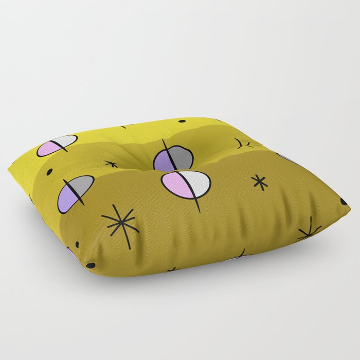 Retro Space Age Planets Stars Yellow Floor Pillow