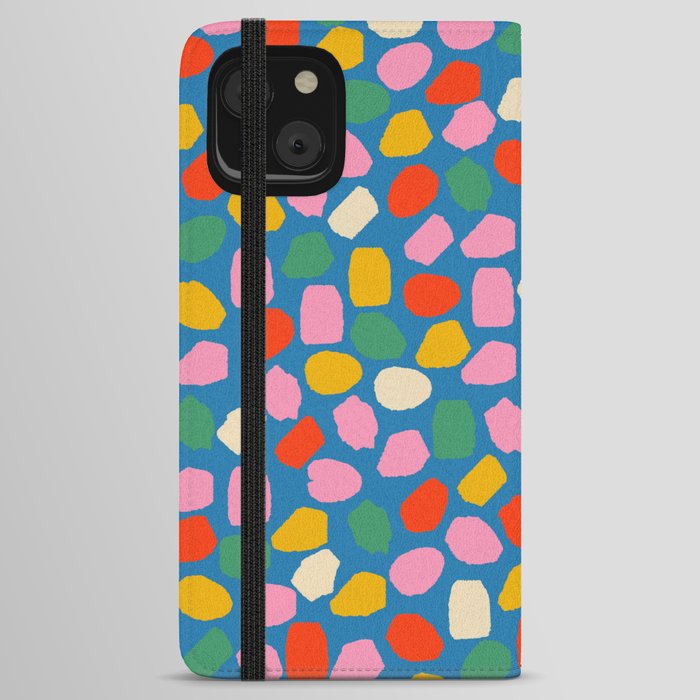 Ink Dot Mosaic Pattern in Rainbow Pop Colors on Bright Blue iPhone Wallet Case