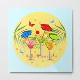 Hello Summer, vector illustration with text Metal Print | Butterflies, Digital, Summer, Cocktails, Drinks, Typography, Leaves, Vector, Text, Summertime 