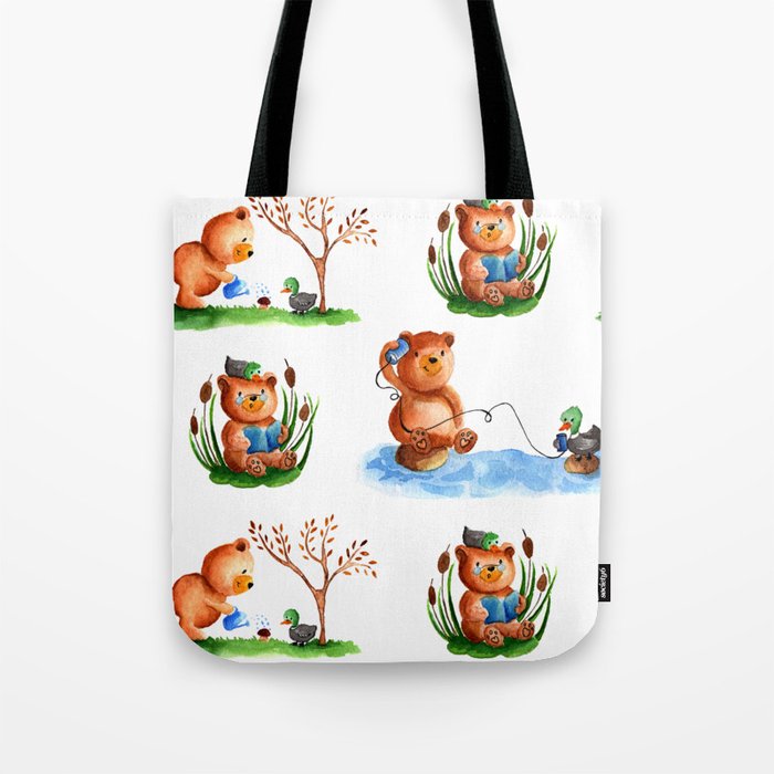 Cute watercolor pattern for kids about Teddy Bear and little Duck's friendship Tote Bag