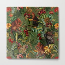 Vintage & Shabby Chic - Green Monkey Banana Jungle Metal Print | Tropic, Green, Banana, Midnight, Floral, Pattern, Jungle, Flowers, Night, Exotic 
