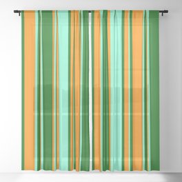 [ Thumbnail: Dark Orange, Dark Green, and Aquamarine Colored Stripes Pattern Sheer Curtain ]