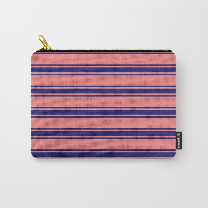 Light Coral and Midnight Blue Colored Striped/Lined Pattern Carry-All Pouch